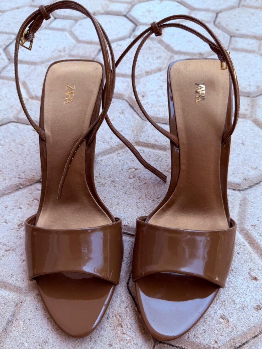 Zara Brown Patent Ankle-Strap Heels Size 38 | Women's High Heel Sandals